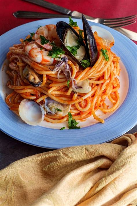 Seafood Pasta Pescatore stock image. Image of prawns - 123862879