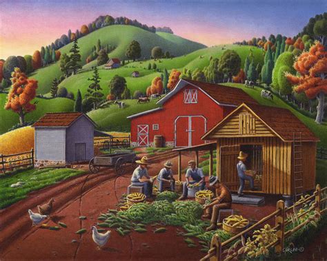 Folk Art Americana Farmers Shucking Harvesting Corn Farm Landscape