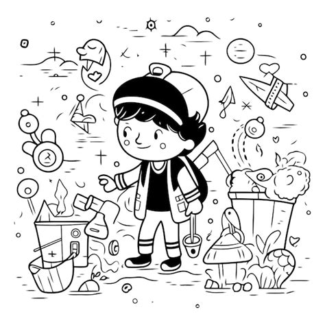 Ilustración vectorial de un niño recogiendo basura en el parque libro