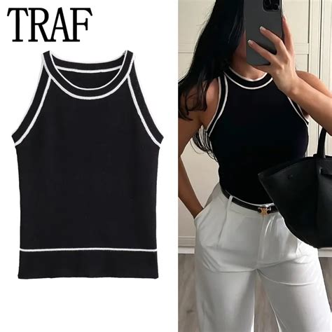 TRAF Top De Punto Negro Para Mujer Top Corto Sin Mangas Con Cuello