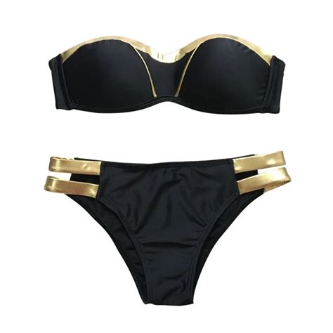 Sexy Push Up Strapless Black Bikinis Gold Gilding Bikini Sexy Swimsuit