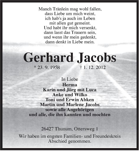 Traueranzeigen Von Gerhard Jacobs Nordwest Trauer De