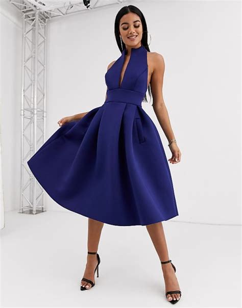 Asos Design High Neck Plunge Midi Prom Dress With Strappy Back Detail In Navy Asos