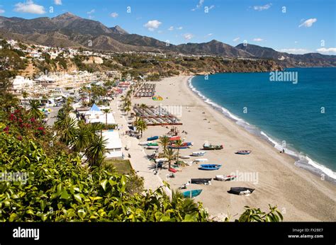 Playa Burriana Sandy Beach At Popular Holiday Resort Town Of Nerja