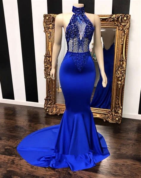 High Neck Halter Illusion Beaded Royal Blue Satin Mermaid Long Prom