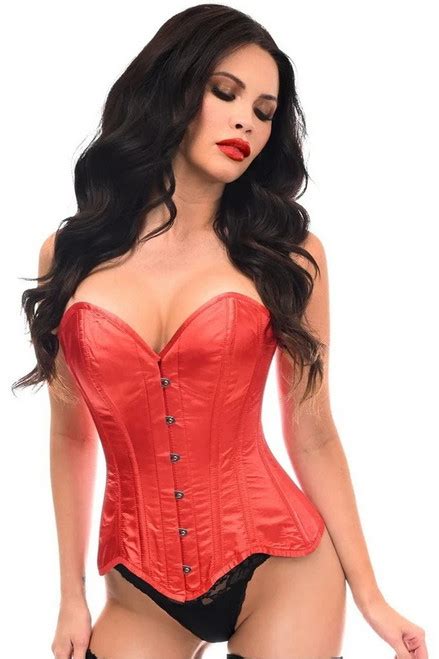 Plus Size Top Drawer Red Satin Steel Boned Overbust Corset Spicy Lingerie