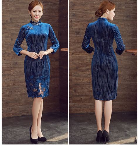 Fantastic Blue Velvet Chinese Dress Qipao Cheongsam Qipao Cheongsam