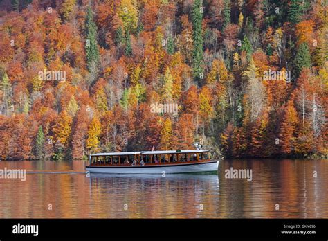 Tourist boat on Königssee Kings lake in autumn Berchtesgaden