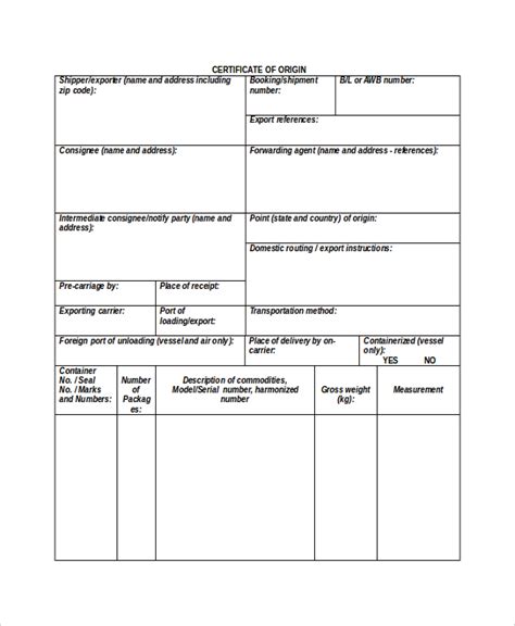 Blank Certificate Of Origin Template