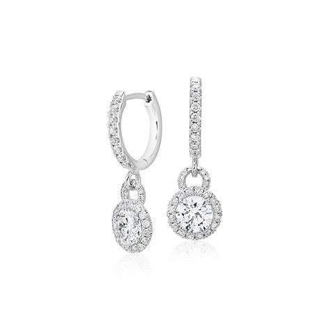 Diamond Halo Drop Earrings In 14k White Gold 1 Ct Tw Blue Nile