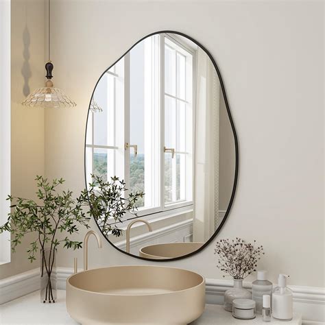 Harritpure Irregular Wall Mirror 26 X40 Black Asymmetrical Bathroom Mirror Wood Framed Modern