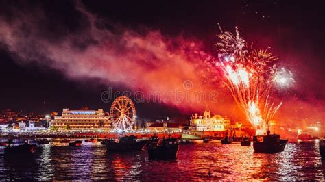 New Years Eve Fireworks At Cascais Bay Near Lisbon Portugal Stock