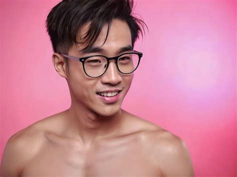 Vibrant Portrait Of Handsome Asian Guy Wearing Glasses Shirtless