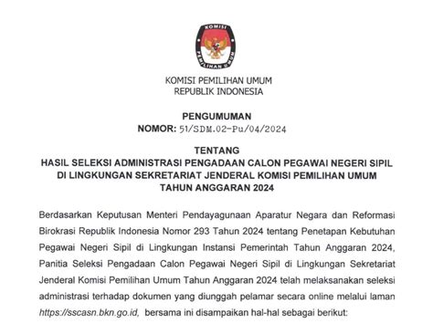 Pengumuman Hasil Seleksi Administrasi Cpns Setjen Kpu Tahun