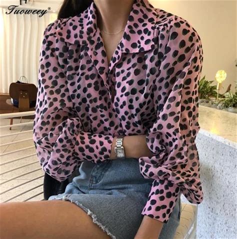 2019 Women Blouse Leopard Print Shirt Long Sleeve V Neck Top Loose