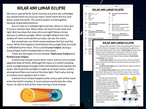 Solar And Lunar Eclipse Reading Comprehension Passage And Questions