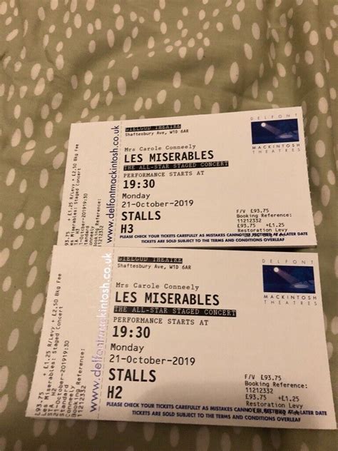 2 Theatre Tickets Les Miserables London 21 October Stalls H2 H3 | in ...