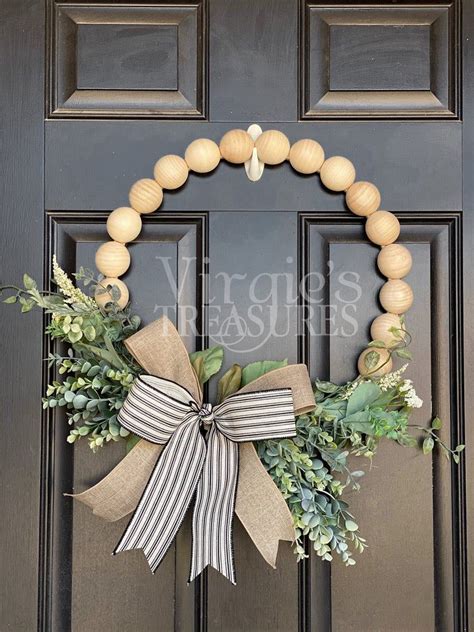 Wood Bead Wreath Farmhouse Wreath Eucalyptus Hoop Wreath Etsy In