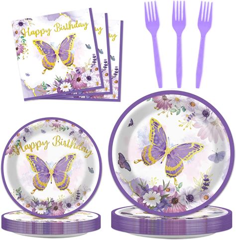 Zoiiwa 96 Pcs Purple Butterfly Birthday Party Tableware Set