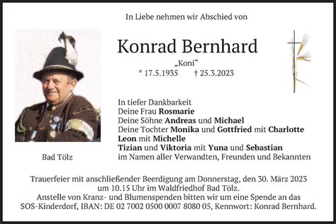 Traueranzeigen Von Konrad Bernhard Trauer Merkur De