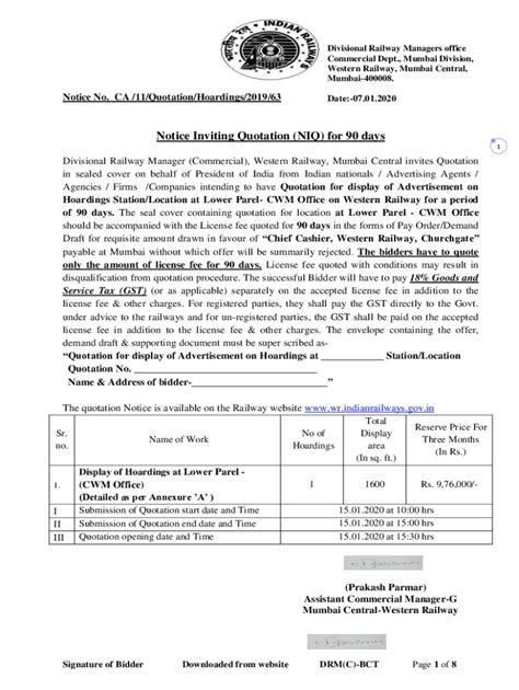 Fillable Online Wr Indianrailways Gov Notice Inviting Quotation Niq