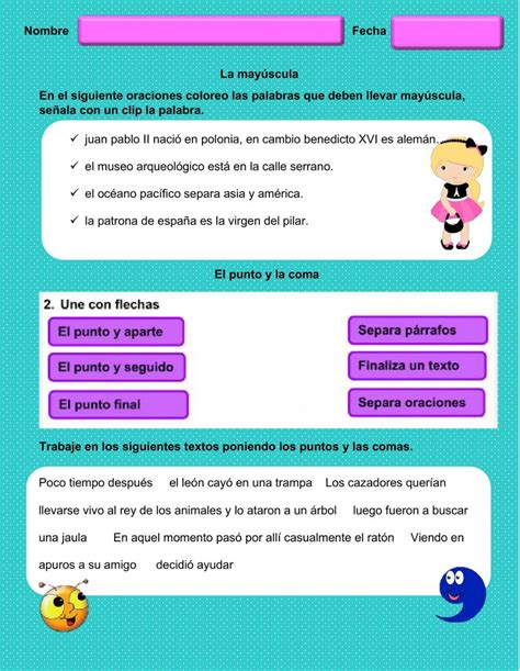 La mayúscula la coma y el punto worksheet Uso del punto Nombres