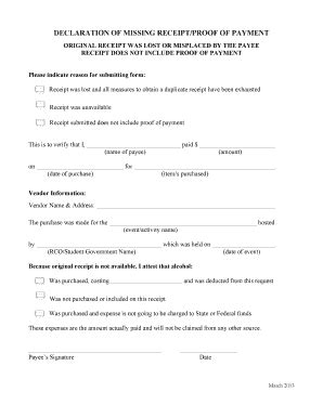 Fillable Online Declaration Of Missing Receipt Proof Of Payment Fax