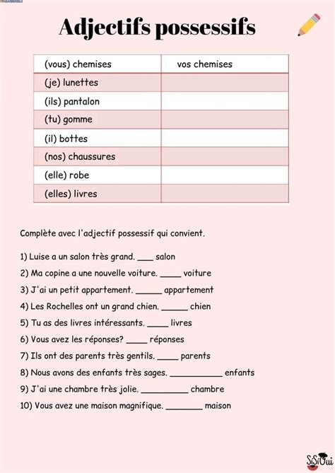 Worksheets On Possessive Adjectives In French