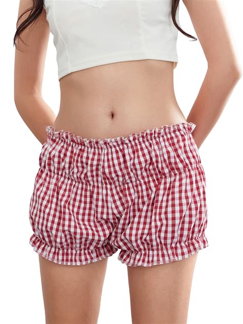 TFFR Women Plaid Shorts Elastic Waist Bloomers Vintage Ruffled Shorts ...