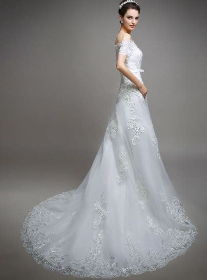 A Line Off The Shoulder Chapel Train Tulle Wedding Dress