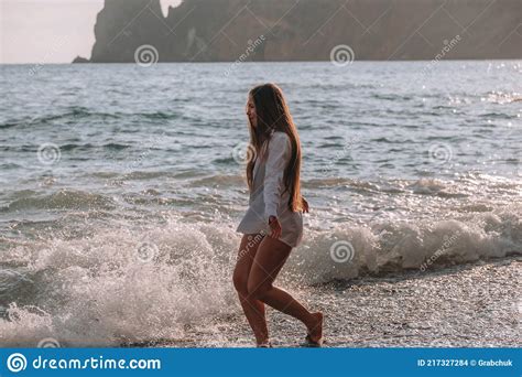 Selective Focus Happy Carefree Sensual Woman With Long Hair In Black