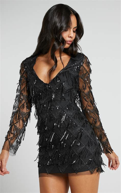 Khrizza Mini Dress Sequin Diamond Mesh Long Sleeve Dress In Black