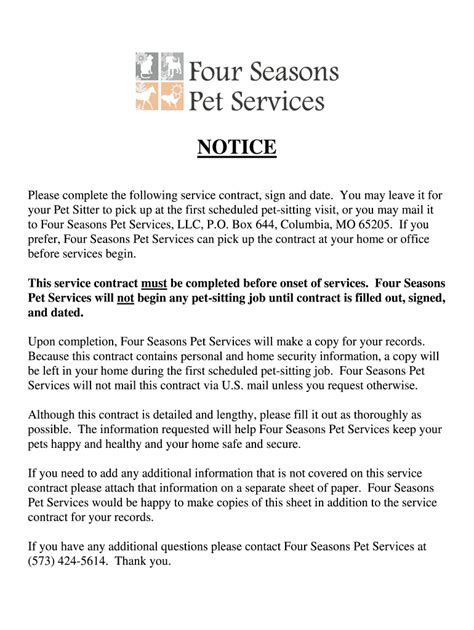 Fillable Online BPet Sittingb Service BContractb Four Seasons Pet