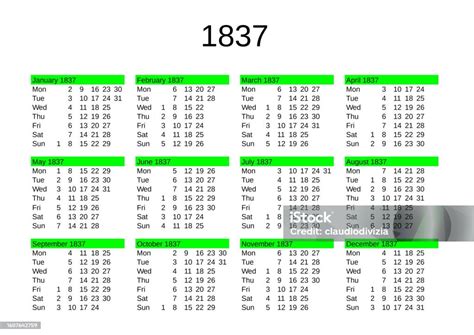 Year 1837 Calendar In English Stock Illustration Download Image Now