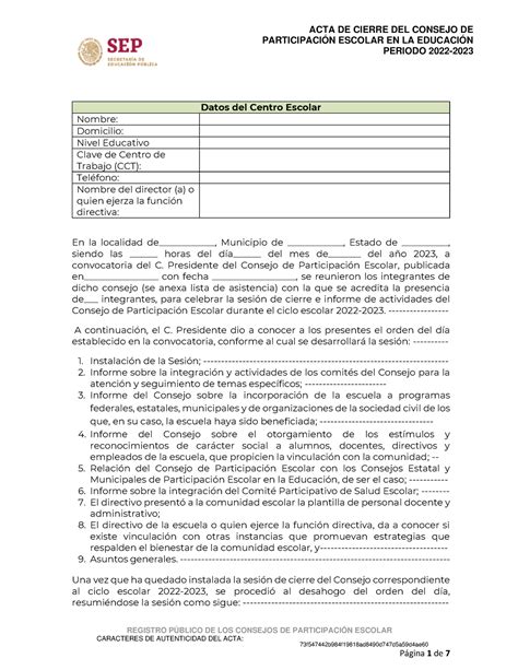 Acta De Cierre De Los Consejos De Participación Escolar Ciclo 2022 2023