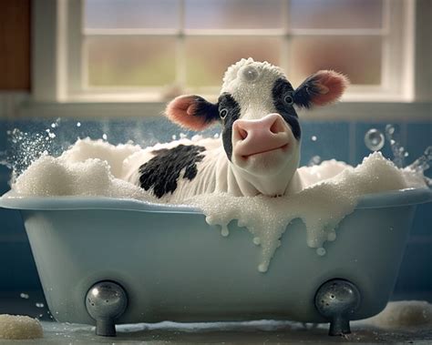 Cute Baby Cow In A Bathtub Wall Art Cow Bathing Funny Bathroom Art