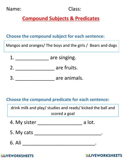 Compound Subjects And Predicates Exercise Live Worksheets