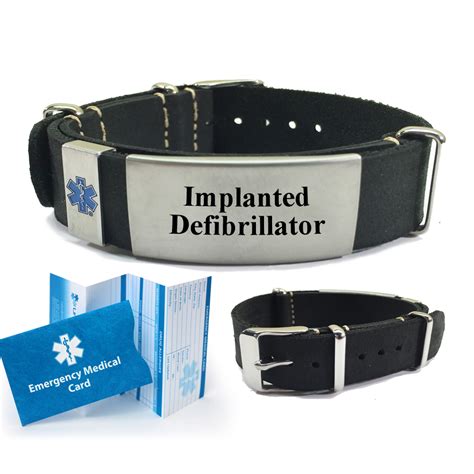 Pre-engraved “IMPLANTED DEFIBRILLATOR” Leather Nato Style Medical Alert ...