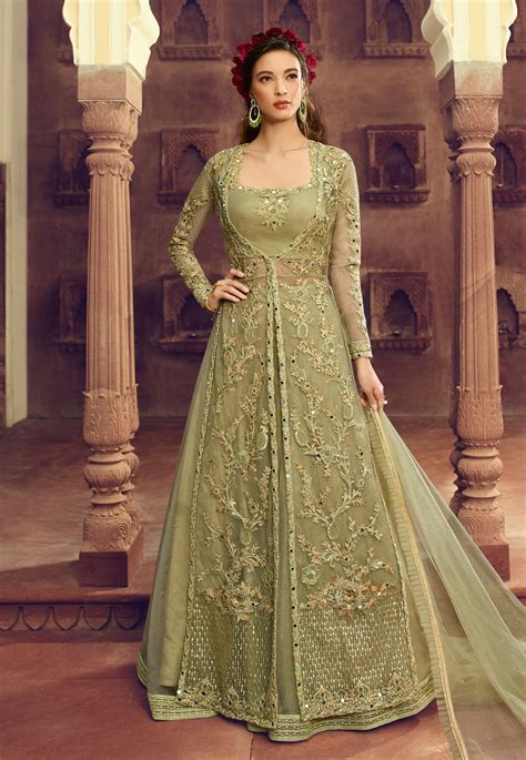 Light Green Net Embroidered Indo Western Lehenga Choli 188247