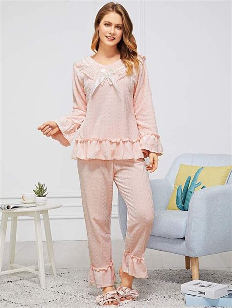 Shein Ruffle Hem Bow Detail Plush Pajama Set Girls Night Dress