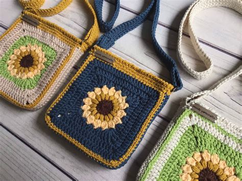 Crochet Sunflower Crossbody Bag Small Lined Granny Square Etsy Canada