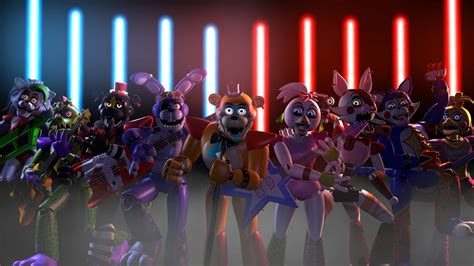 Several Animated Characters Are Standing In Front Of Colorful Lights