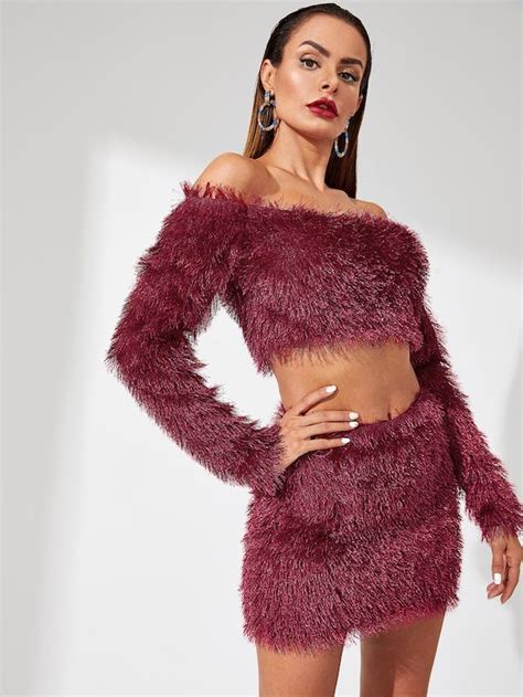 Shein Off Shoulder Crop Fluffy Top And Skirt Set Fuzzy Sweater Dress