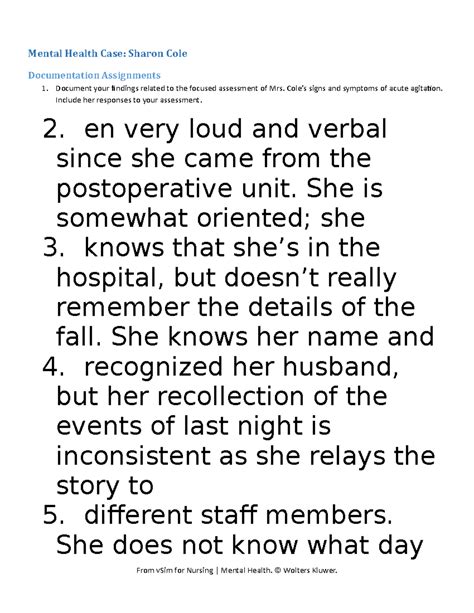 Sharon Cole Documentation Assignment Mental Health Case Sharon Cole Documentation Assignments