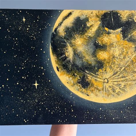 Golden Moon And Stars Acrylic Painting Moonscape Artwork Etsy