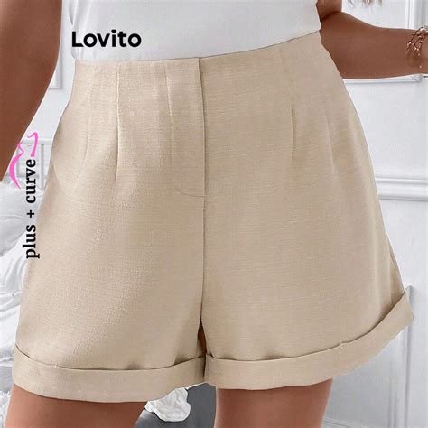 Lovito Shorts Plissados Lisos Casuais Plus Size Curvos Para Mulheres