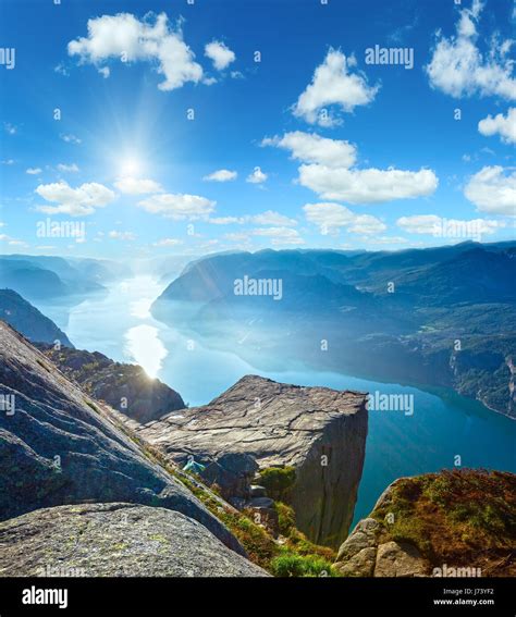 Preikestolen Massive Cliff Norway Lysefjorden Summer Morning Sunshiny