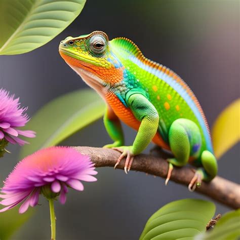 Un Camale N Colorido Se Sienta En Una Rama Con Una Flor Morada Al Fondo