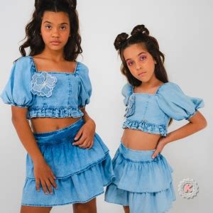 Conjunto De Cropped E Saia Jeans Kukixo Moda Infantil