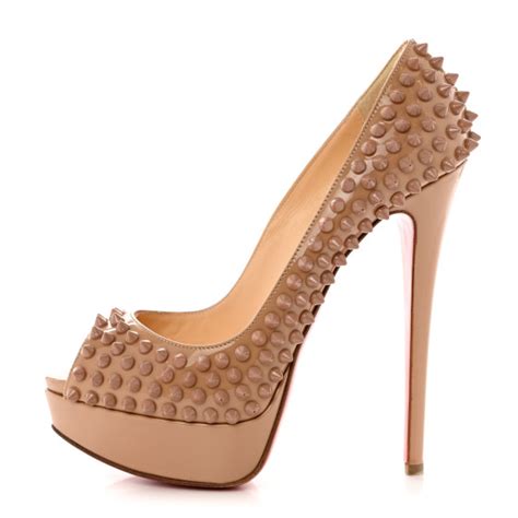 CHRISTIAN LOUBOUTIN Patent Lady Peep Spikes Pumps Nude FASHIONPHILE